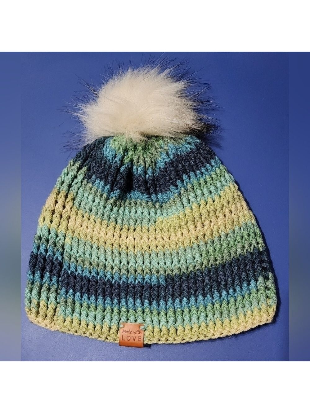 Handmade Knit Multi Color Beanie with Pom One Size - New Without Tags